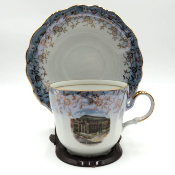 Vintage Vienna State Opera Cup Saucer Set Gold Trim Floral Design Plastic Stand - Picture 1 of 16
